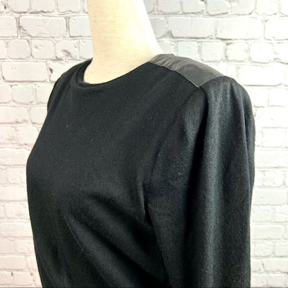 Vintage 80s Samuel Blue Jersey Wool Dress Leather Trimmed Waist Made in USA - Picture 4 of 12